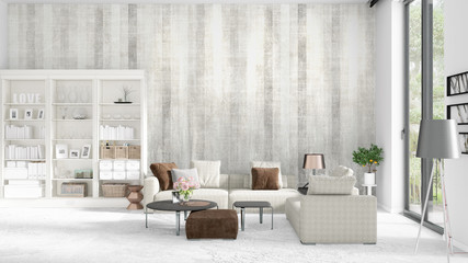 Scene with brand new interior in vogue with white rack and modern grey sofa. 3D rendering. Horizontal arrangement.