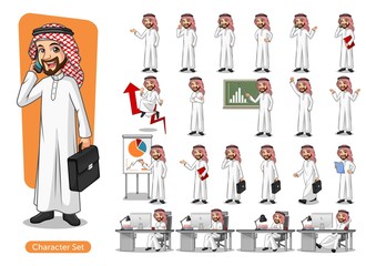 Set of businessman Saudi Arab man cartoon character design with different poses, isolated against white background.
