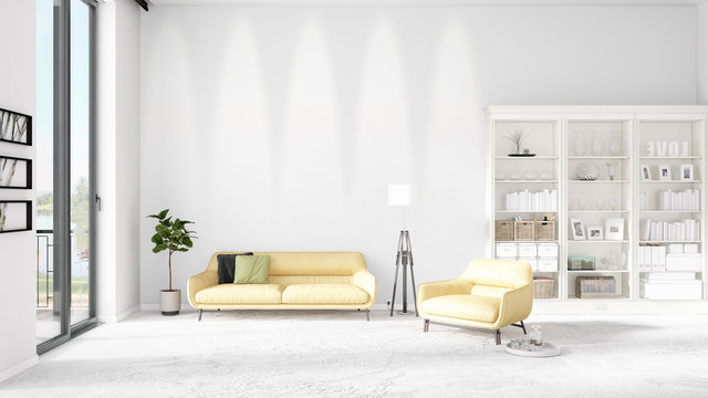 Scene with brand new interior in vogue with white rack and yellow couch. 3D rendering. Horizontal arrangement.