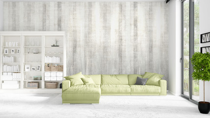 Scene with brand new interior in vogue with white rack and modern green divan. 3D rendering. Horizontal arrangement.