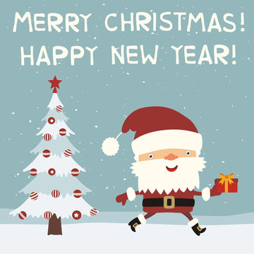 Merry Christmas and Happy New Year! Funny Santa Claus running with gift near Christmas tree. Greeting card with Santa Claus in cartoon style.