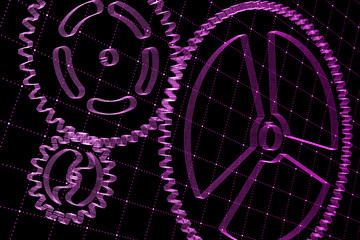 Set of violet gears and cogs on virtual screen