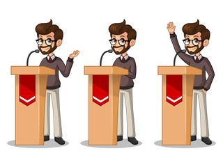 Set of hipster businessman cartoon character design politician orator public speaker giving a talk speech presentation standing behind rostrum podium, isolated against white background.