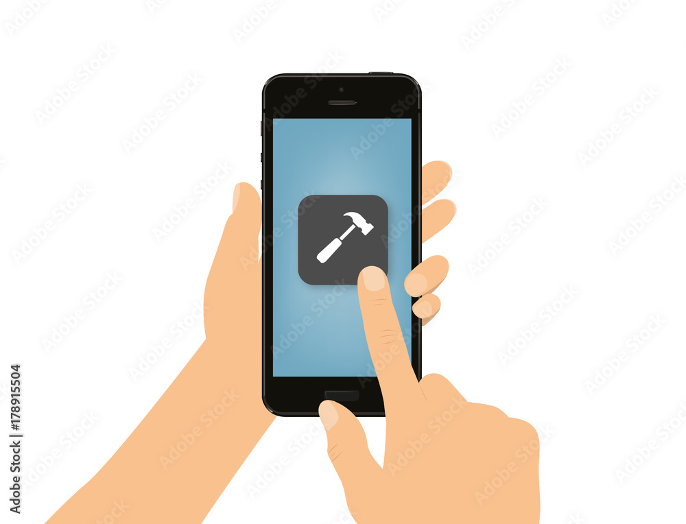 Poster hand tippt auf smartphone - hammer