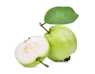whole and half guava fruit with green leaf isolated on white background