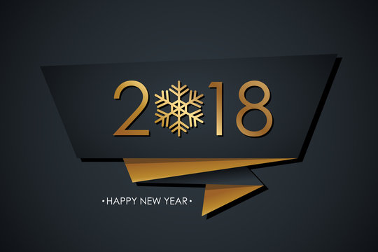 2018 Happy New Year banner with gold colored elements and black background. Vector illustration.