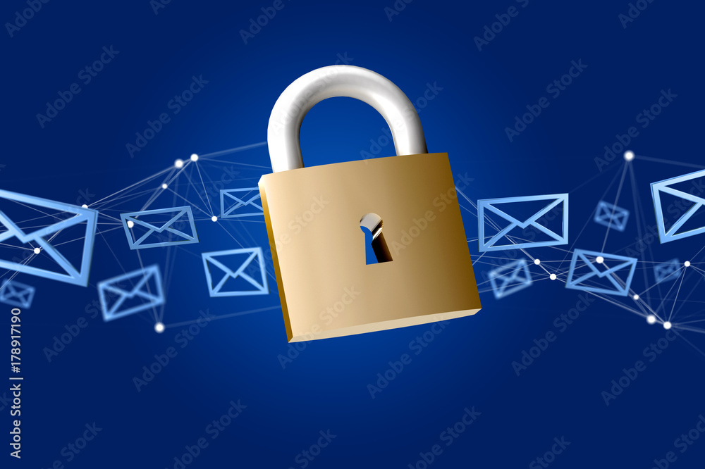 Poster padlock security connection surrounded by mail isolated on a color background - 3d rendering