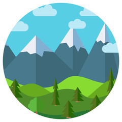 Vector cartoon mountain landscape in circle. Natural landscape in the flat style with blue sky, clouds, trees, hills and mountains with snow on the peaks.
