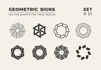 Set of eight minimalistic trendy shapes. Stylish vector logo emblems for Your design. Simple geometric signs collection.