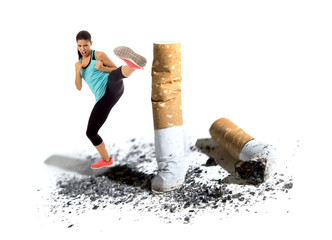furious latin sport woman in fight combat kick attacking angry against cigarette butt in stop and...