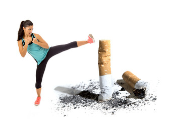 furious latin sport woman in fight combat kick attacking angry against cigarette butt in stop and anti smoking concept