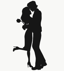 Romantic lovers, gentle embrace, silhouette