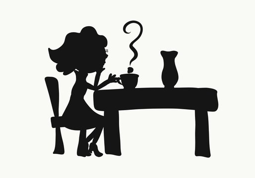 Girl sitting at the table with a cup and question mark