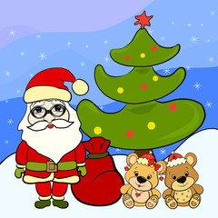 Merry greeting card with Santa Claus and bears