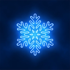 Blue lighting winter sign. Radiating snowflake shaped neon lamp