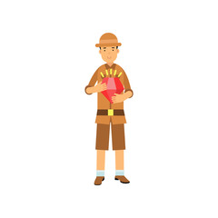 Young archaeologist character standing with red jewel in hands