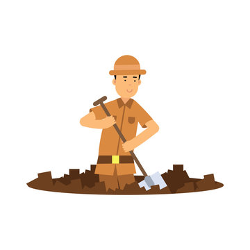 Boy Archaeologist Character Digging Pit With Shovel