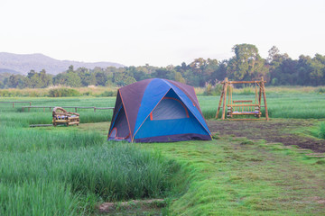 A blue tent in the field.