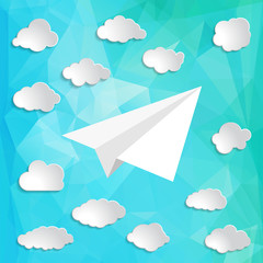 Paper airplane with clouds on the abstract triangular background