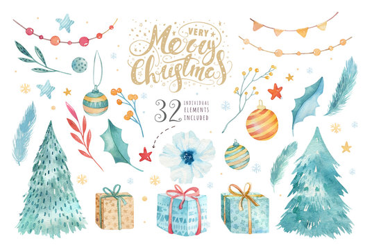 Merry Christmas watercolor set with floral elements. Happy New Year lettering poster collection. Winter flowers, gift and branch bouquets decoration. Gold and green