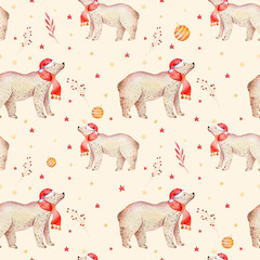 Seamless Christmas baby bear seamless pattern. Hand drawn winter backgraund with bear, snowflakes. Nursery animal illustration. New year design. Gold and red