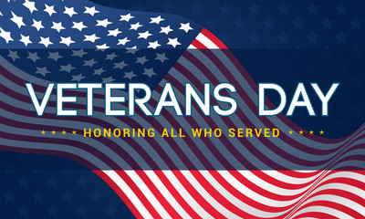 Veterans Day background Vector illustration, Honoring all who served, USA flag waving on blue star pattern background.