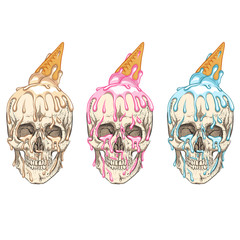 Ice cream flows over the skull. Three colors.