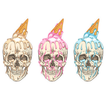 Ice cream flows over the skull. Three colors.