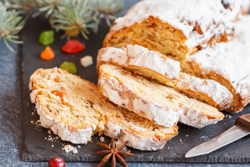 Christmas stollen, dark background.