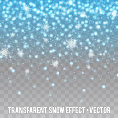Vector Snowflakes falling down on transparent Background. Christmas eve Snowfall.