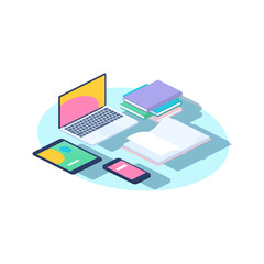 Office furniture vector concept. Isometric laptop, phone, books