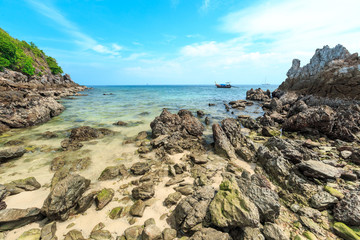 Fototapeta na wymiar Kai island, Phuket, Thailand. Small tropical island with white sandy beach and blue transparent water of Andaman sea.