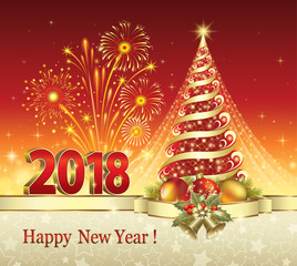 Fototapeta na wymiar Happy New Year 2018 with a Christmas tree on a red background with fireworks