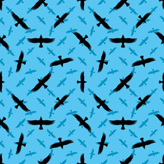 Blue background with black ravens.
