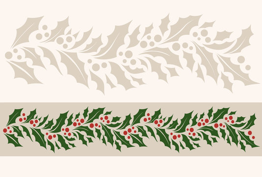 Horizontal border seamless pattern with Christmas holly. Vector illustration.