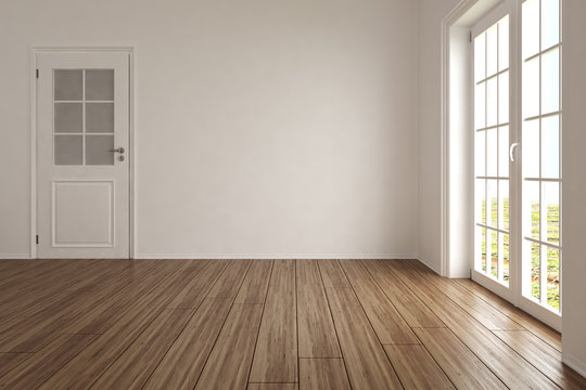 Leeres Zimmer mit 2 Fensternt&uuml;ren und heller Wand