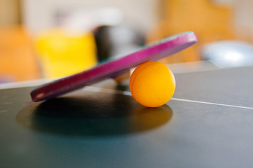 A table tennis ball rests under a paddle in a domestic setting.