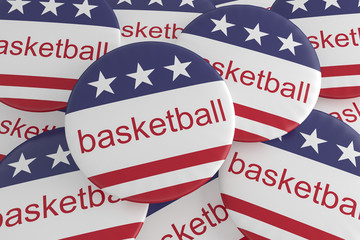 USA Sports Badges: Pile of Basketball Buttons With US Flag, 3d illustration