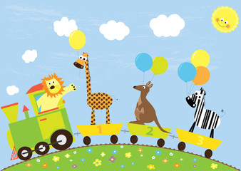 cartoon train, wild animals with balloons