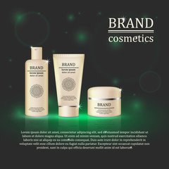 3D realistic cosmetic bottle ads template. Cosmetic brand advertising concept design with glitters and bokeh background