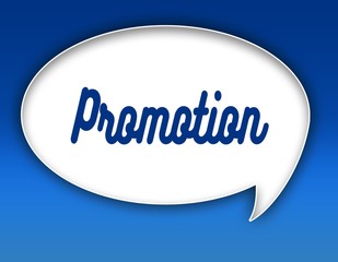 PROMOTION text on dialogue balloon illustration. Blue background.