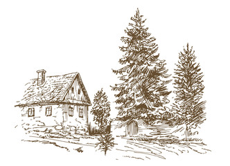 Rural landscape. Hand drawn vector illustration.