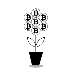 Fototapeta na wymiar vector illustration of bitcoin flower in the pot. black silhouette, icon, clip art isolated on white background.