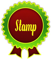 STAMP on red and green round ribbon badge.