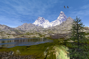 Mountains, a natural landscape, rocks and grass on the ground, a beautiful lake, a snowy peak and birds in the blue sky.