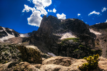 Snow-capped mountain on a sunny day in Rocky Mountain National Park.