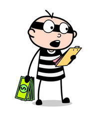 Cartoon Robber Holding Bunch of Dollars and Reading Notes