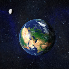 Earth and Moon from space showing Europe Middle East and North Africa. 3D Rendered