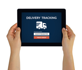 Hands holding digital tablet computer with delivery tracking concept on screen. Isolated on white. All screen content is designed by me