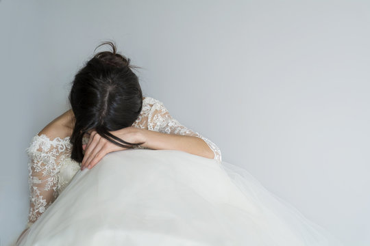 Sad And Worried Bride Crying In Her Wedding Day